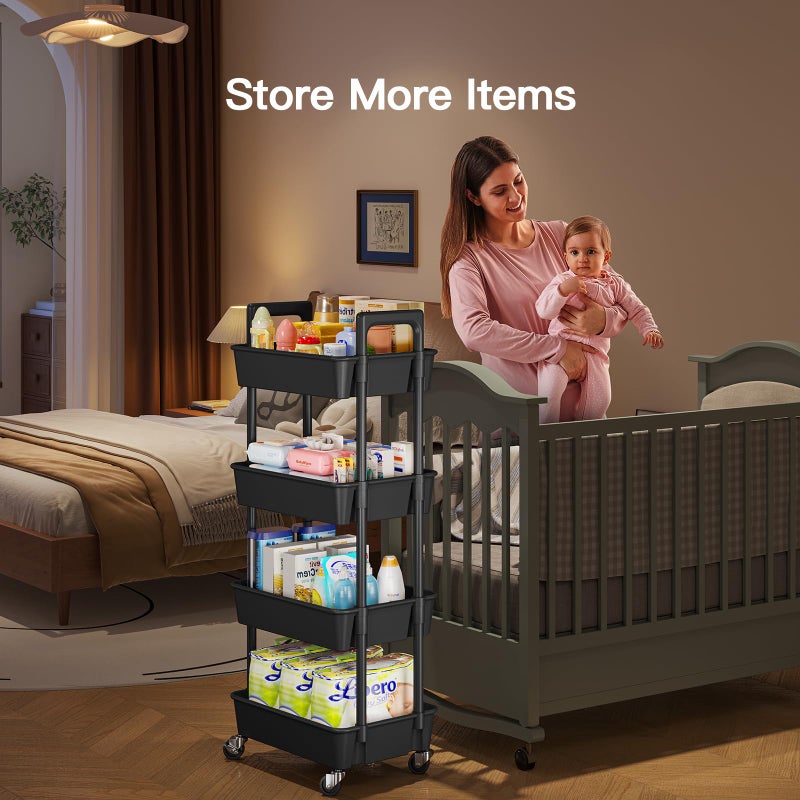 Pipishell 4-Tier Rolling Cart, Plastic Cart with Lockable Wheels & Reinforced Handle, Lightweight Utility Storage for Nursery, Bathroom, Craft Room, Black - Image 3