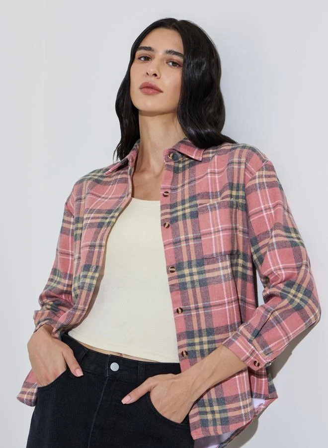 ستايلي Pink Plaid Buttoned Shacket