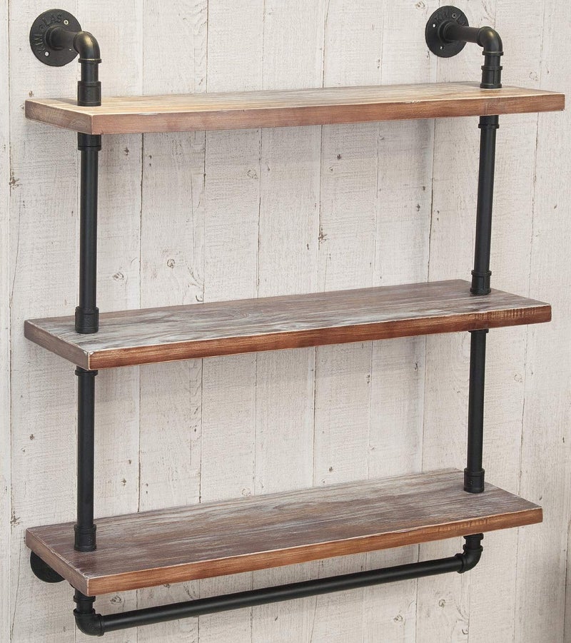 BIXIRAO BIXIRAO Industrial Wall Mounted Iron Floating Pipe ShelvesShelvingRacksStorageBookcasesBrackets DIY Open BookshelvesShelving for KitchenOffice Retro Black 3Tier Floating Shelves 