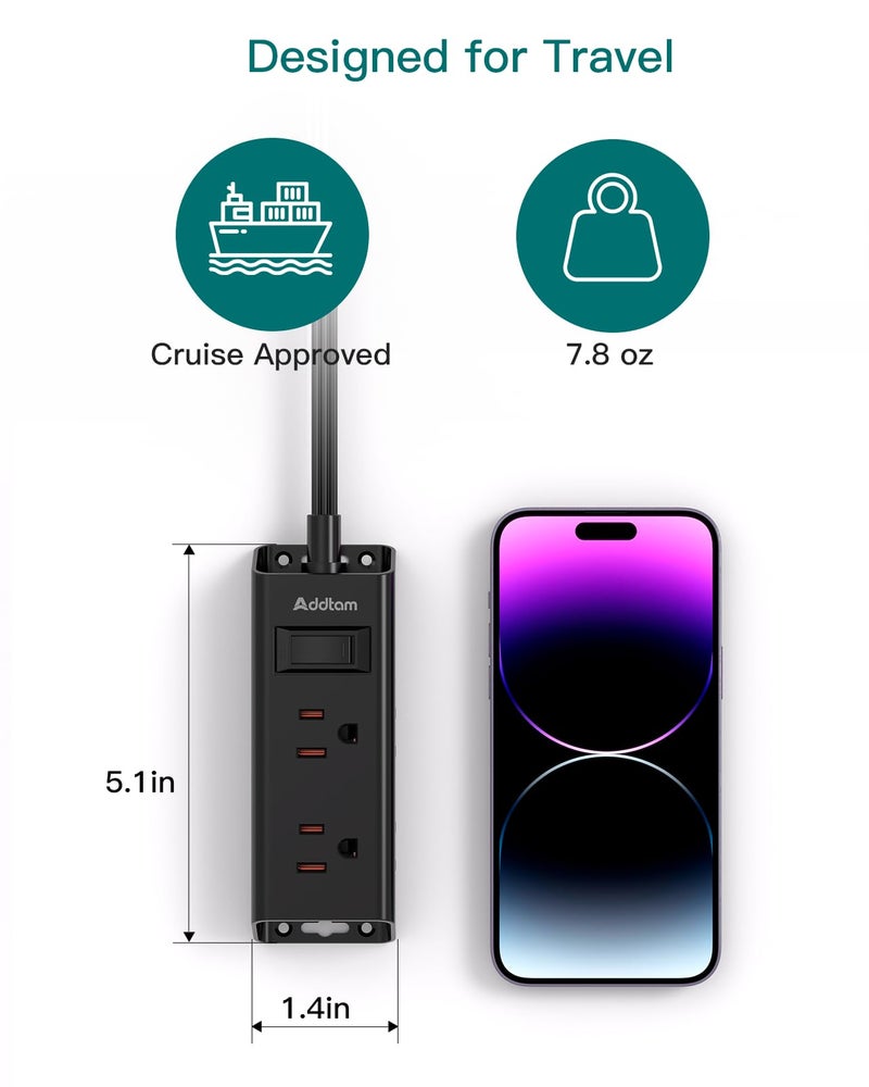 Addtam Cruise Essentials - Flat Plug Power Strip, Addtam 5 ft Ultra Flat Extension Cord with 6 Outlets Extender, No Surge Protector for Cruise Ship, Travel, Dorm, Home Office,Black - Image 4