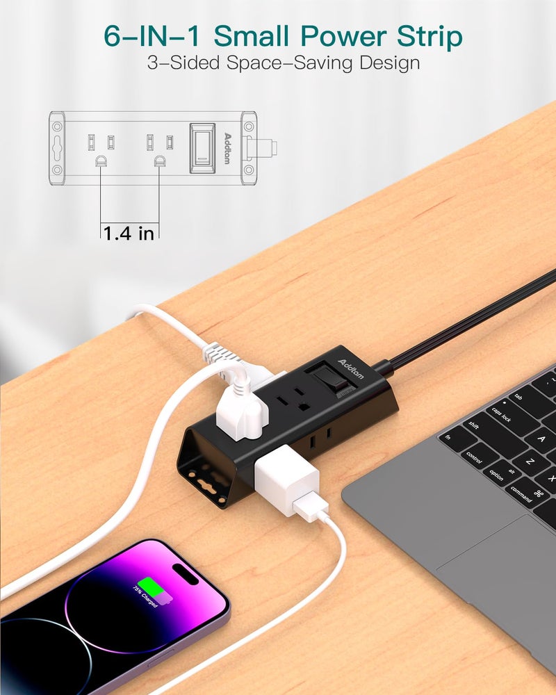 Addtam Cruise Essentials - Flat Plug Power Strip, Addtam 5 ft Ultra Flat Extension Cord with 6 Outlets Extender, No Surge Protector for Cruise Ship, Travel, Dorm, Home Office,Black - Image 3