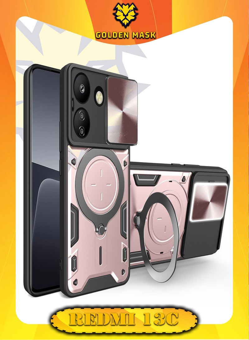 جولدن ماسك لهاتف شاومى ريدمى 13 سى 4جى/بوكو سى65 (Xiaomi Redmi 13C 4G/Poco C65  ) جراب حماية مع باب جرار لحماية عدسة  الكاميرا المدرعة مدمج بزاوية 360 درجة - (روز جولد)