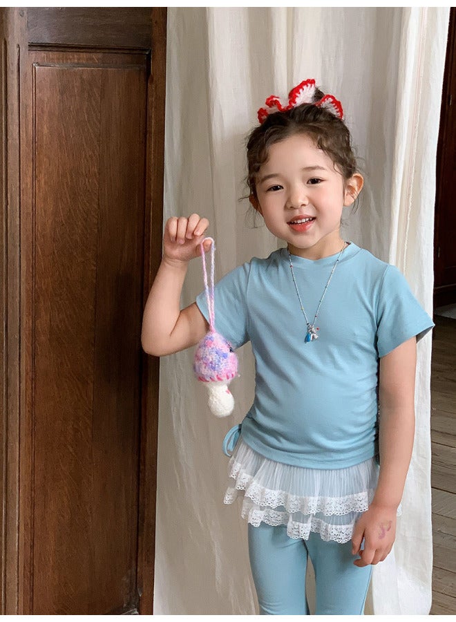 Girls' Drawstring Suit Fashionable Western Style Summer New Drawstring Short-sleeved T-shirt Children's Draping Anti-mosquito Flared Pants