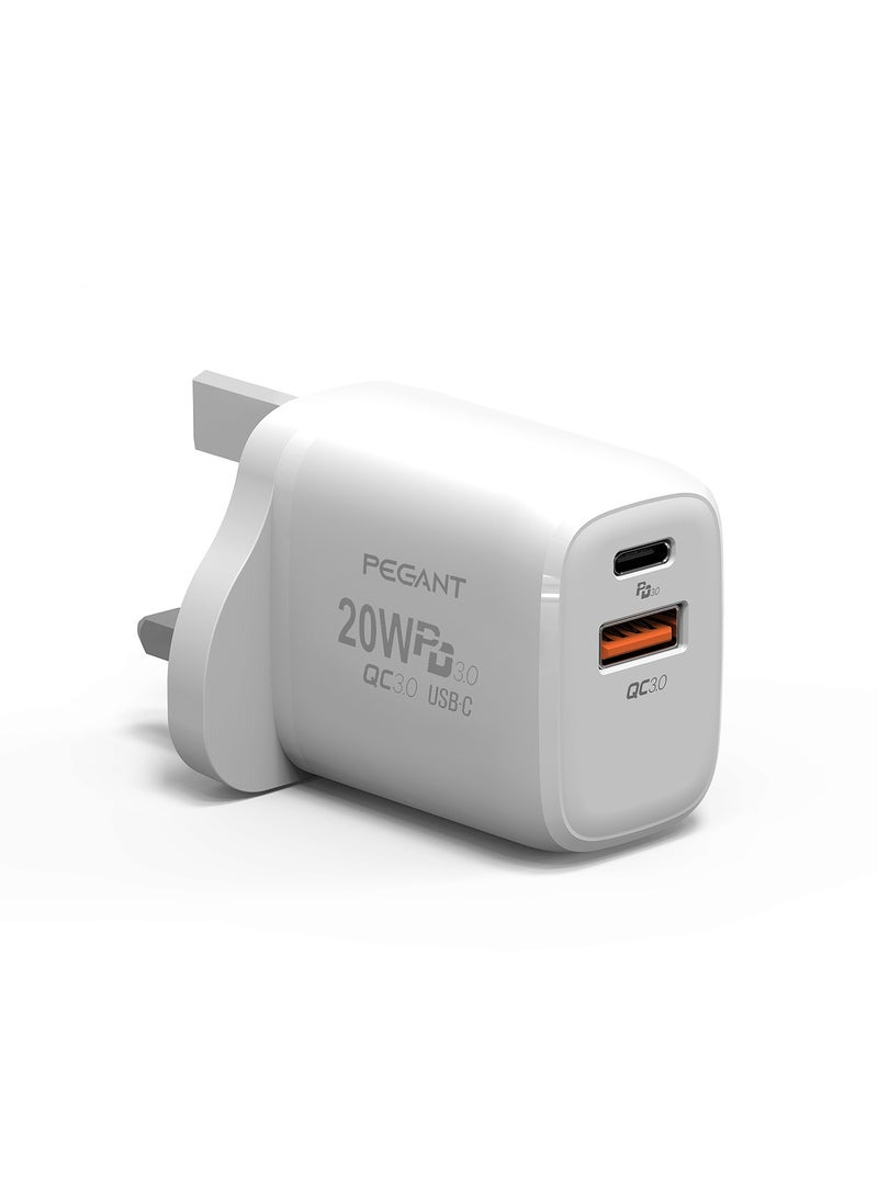 PEGANT - 20W USB C PD Fast Charger with 2 ports PD and QC3.0 UK Plug - Image 1