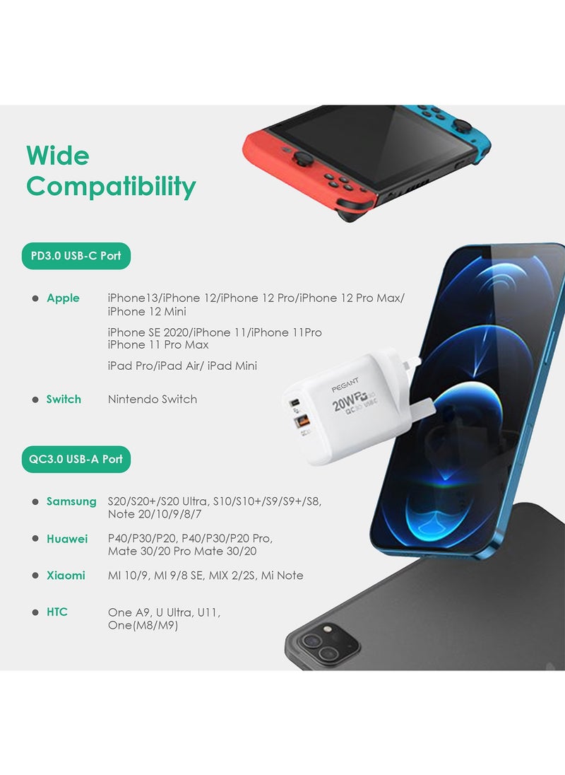 PEGANT - 20W USB C PD Fast Charger with 2 ports PD and QC3.0 UK Plug - Image 1