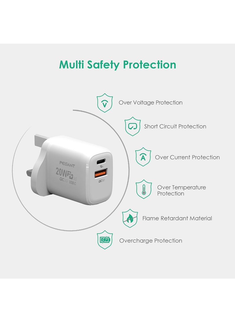 PEGANT - 20W USB C PD Fast Charger with 2 ports PD and QC3.0 UK Plug - Image 1