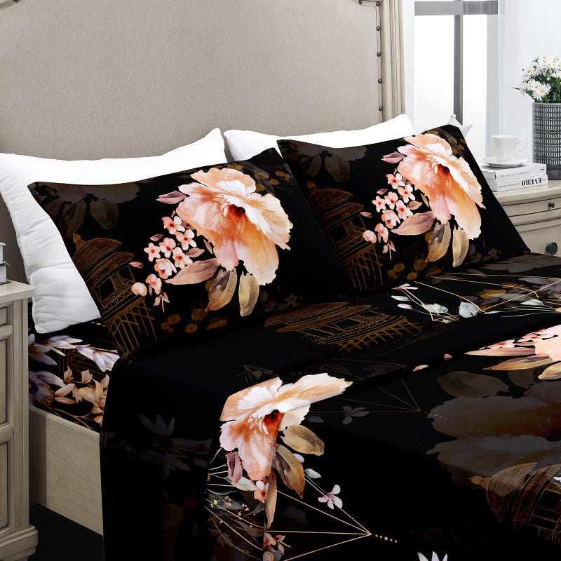 YIYEA Full Sheet Set  Luxury 1800TC Hotel Quality Double Brushed Floral Microfiber Bed Sheets for Full Size Bed  Extra Soft  Deep Pocket  Shrinkage and Fade Resistant  4PC (Full) - Image 1