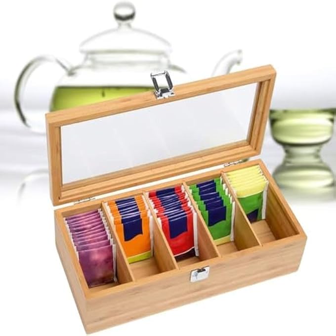 Beauenty Tea Bag Organizer Wooden Tea Box With 5 Compartments And Clear LidTea Organizer Holder Tea Bag Holder Tea Storage Box Tea Box Organizer For Countertop Kitchen Cabinet Pantry - Image 5