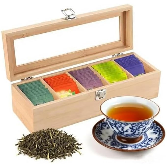 Beauenty Tea Bag Organizer Wooden Tea Box With 5 Compartments And Clear LidTea Organizer Holder Tea Bag Holder Tea Storage Box Tea Box Organizer For Countertop Kitchen Cabinet Pantry - Image 1