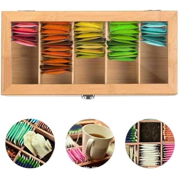 Beauenty Tea Bag Organizer Wooden Tea Box With 5 Compartments And Clear LidTea Organizer Holder Tea Bag Holder Tea Storage Box Tea Box Organizer For Countertop Kitchen Cabinet Pantry - Image 4