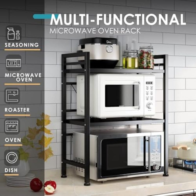 GGEROU Extendable Microwave Oven Rack, Microwave/Toaster Shelf Heavy Duty Stand Kitchen Counter Top Organizer, Adjustable Height Length, 2-Tier with 6 Hooks, 55lbs Weight Capacity - Image 2