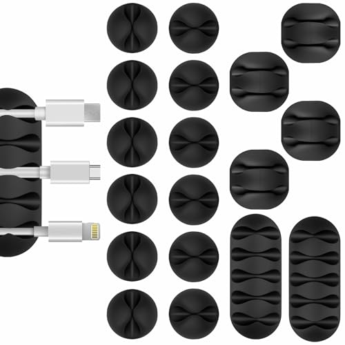 Flezoo Cable Clips Cord Holder - 18 PCS Black Adhesive Phone Cord Organizer Charger Holder Cable Wire Management Clips Keeper for Nightstand, Desk, Office or Mouse - Image 1