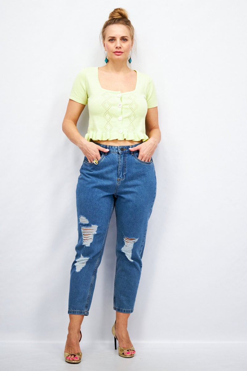 GLAMOROUS Women Square Neck Short Sleeve Solid T-Shirts, Light Green - Image 4