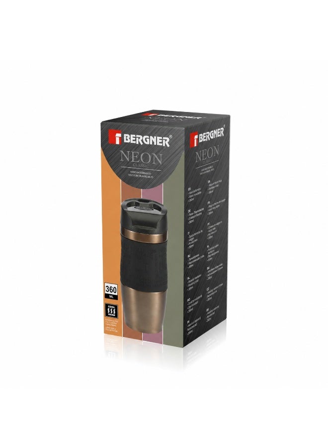 BERGNER Neon Classic Stainless Steel Vacuum Travel Mug 360ml – Double Wall Insulated Coffee Mug, Leakproof Thermal Travel Cup for Hot & Cold Drinks, Brown/Black - Image 2