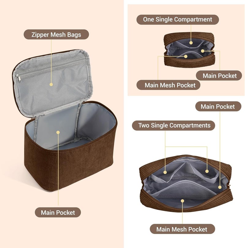 MAGEFY Makeup Bag Corduroy Small Makeup Bag Mini Pouch with Compartments for Handbag Travel Cosmetic Bag for Women, Brown-3pcs, 9.84 x 5.9 x 5.9 inches, Classic - Image 3