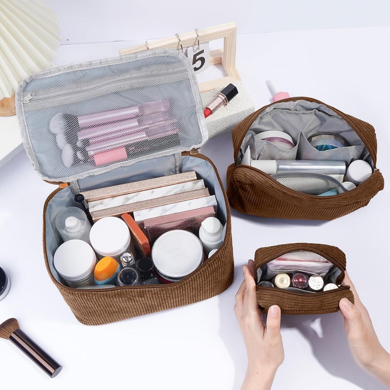 MAGEFY Makeup Bag Corduroy Small Makeup Bag Mini Pouch with Compartments for Handbag Travel Cosmetic Bag for Women, Brown-3pcs, 9.84 x 5.9 x 5.9 inches, Classic - Image 4
