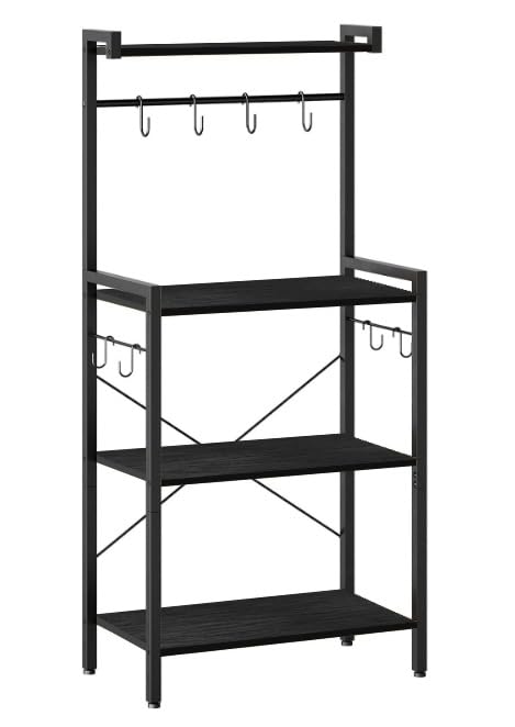 HOOBRO HOOBRO Kitchen Bakers Rack with Storage 4 Tiers Coffee Bar Station Microwave Stand with 8 SShaped Hooks Kitchen Storage Shelf Rack for Small Spaces Black BB04HB01