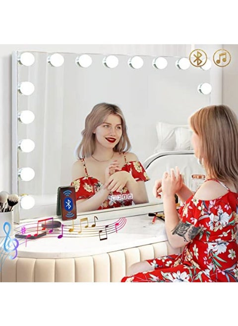 Hansong Vanity Mirror with Lights and Bluetooth Extra Large Hollywood Makeup Mirror with 18 pcs LED Bulbs Lighted Vanity Makeup Mirror with USB Charging, 3 Color Lighting Modes Tabletop or Wall Mount