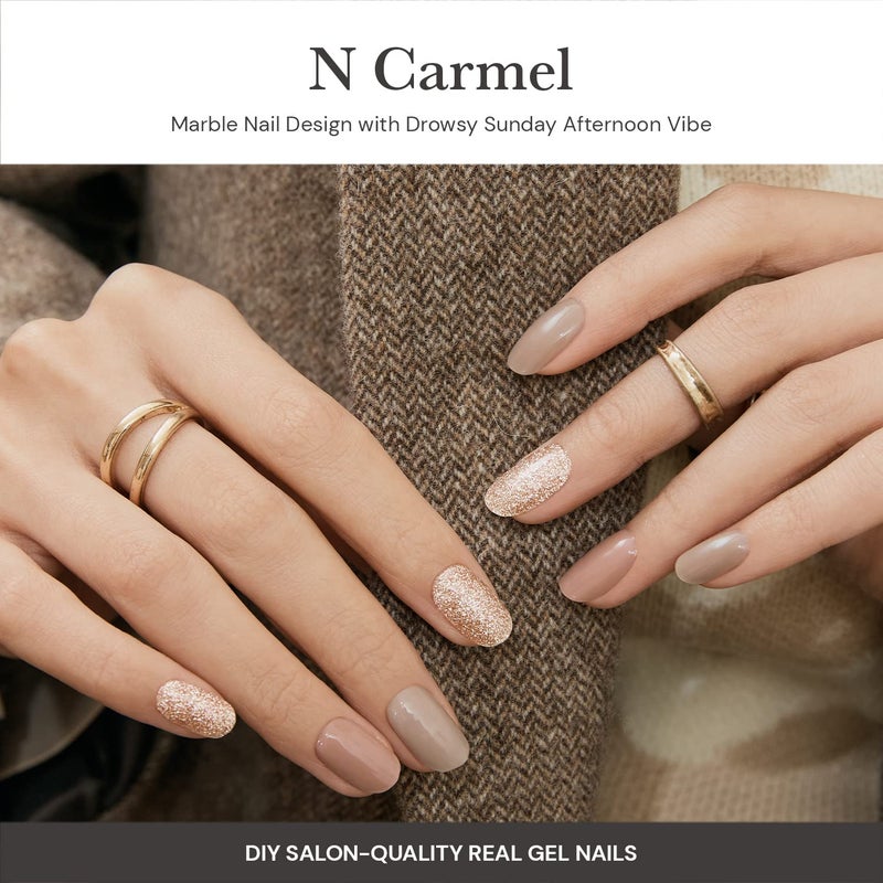 ohora Semi Cured Gel Nail Strips (N Carmel) - Nude, Glitter, Works with Any UV/LED Lamps, Salon-Quality, Long Lasting, Easy to Apply & Remove - Includes 2 Prep Pads, Nail File & Wooden Stick - Image 2