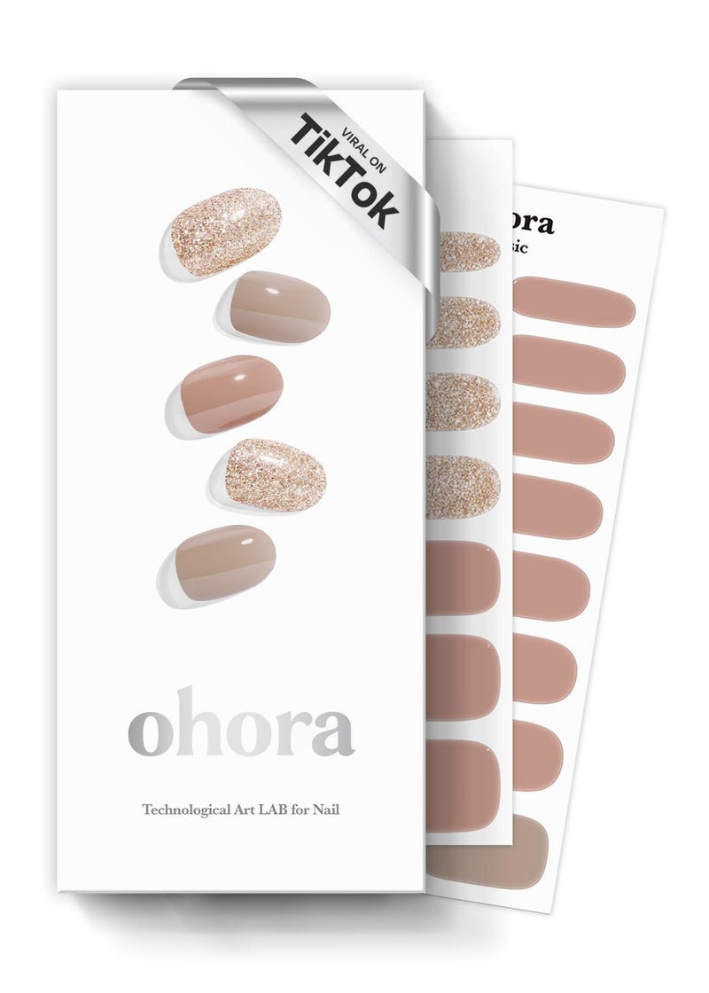 ohora Semi Cured Gel Nail Strips (N Carmel) - Nude, Glitter, Works with Any UV/LED Lamps, Salon-Quality, Long Lasting, Easy to Apply & Remove - Includes 2 Prep Pads, Nail File & Wooden Stick - Image 1