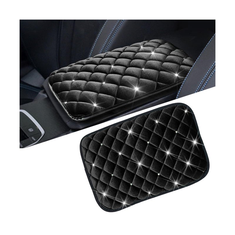 Mandark Bling Car Center Console Cover Crystal Rhinestone Fluffy Automotive Armrest Seat Box Cushion Pad Soft Comfortable Diamond Arm Rest Protection Mat Universal Vehicle Accessories Black