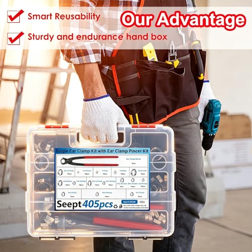 Seept 405Pcs 15Sizes 304 Stainless Steel Single Ear Hose Clamps with Ear clamp plier 53361mm Crimp Hose Clamps Assortment Kit for AutoHome AppliancePipeFuel Line - Image 3