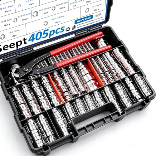 Seept 405Pcs 15Sizes 304 Stainless Steel Single Ear Hose Clamps with Ear clamp plier 53361mm Crimp Hose Clamps Assortment Kit for AutoHome AppliancePipeFuel Line - Image 1