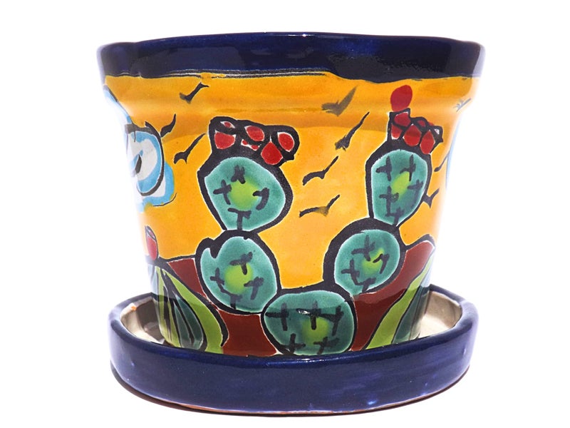 MEXTEQUIL - Talavera Mexican Pottery Planters with Saucer 4" Rancherito - Cactus - Sun Pot Hand Painted Ceramic Plant Pot Planter Indoor Outdoor (Rancherito) - Image 5