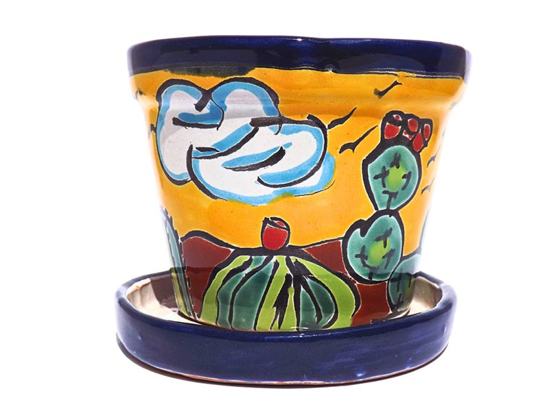 MEXTEQUIL - Talavera Mexican Pottery Planters with Saucer 4" Rancherito - Cactus - Sun Pot Hand Painted Ceramic Plant Pot Planter Indoor Outdoor (Rancherito) - Image 3