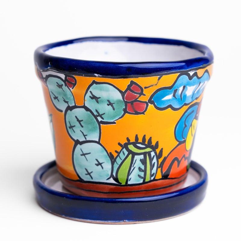 MEXTEQUIL - Talavera Mexican Pottery Planters with Saucer 4" Rancherito - Cactus - Sun Pot Hand Painted Ceramic Plant Pot Planter Indoor Outdoor (Rancherito) - Image 2