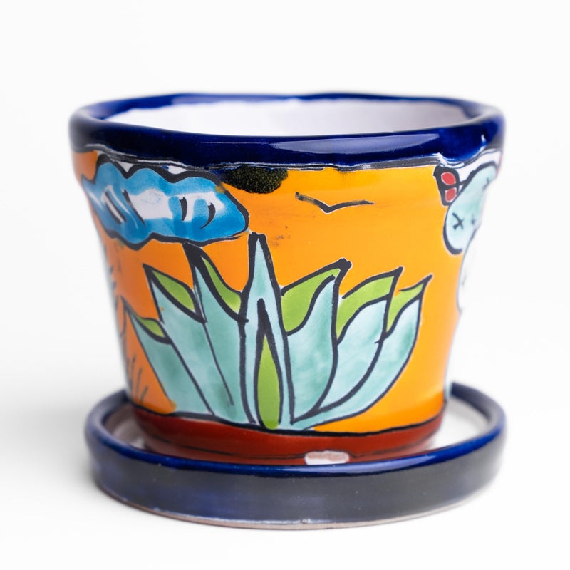 MEXTEQUIL - Talavera Mexican Pottery Planters with Saucer 4" Rancherito - Cactus - Sun Pot Hand Painted Ceramic Plant Pot Planter Indoor Outdoor (Rancherito) - Image 1