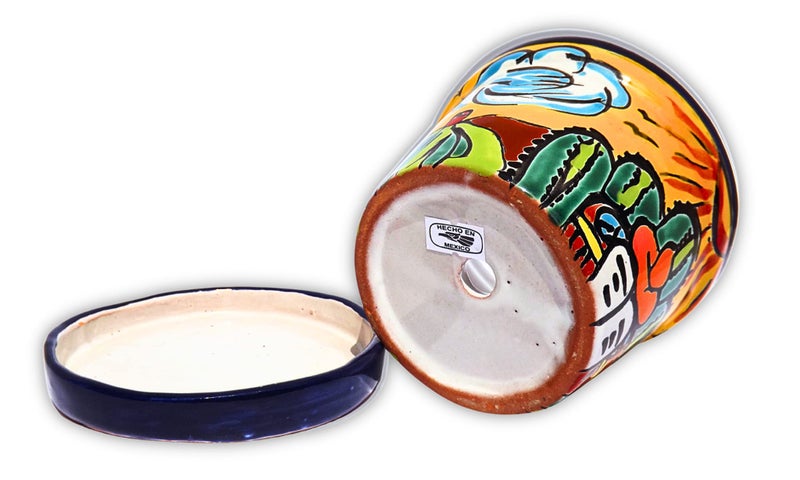 MEXTEQUIL - Talavera Mexican Pottery Planters with Saucer 4" Rancherito - Cactus - Sun Pot Hand Painted Ceramic Plant Pot Planter Indoor Outdoor (Rancherito) - Image 4