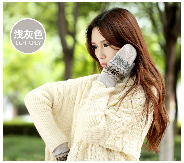 Korean Style New Autumn and Winter Gloves Fashion Womens Double Layer Thickened Warm Bag Finger Knitted Snowflake Gloves for Women Light Gray [snowflake edging gloves]] 