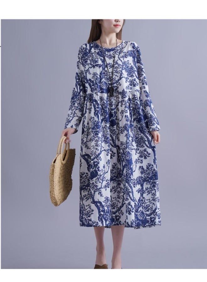 Beauenty Plus-size women's long-sleeved cotton dress spring and autumn loose vintage printed cotton robe national style skirt  - Image 1