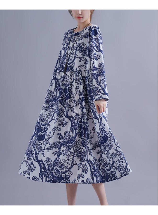 Beauenty Plus-size women's long-sleeved cotton dress spring and autumn loose vintage printed cotton robe national style skirt  - Image 2