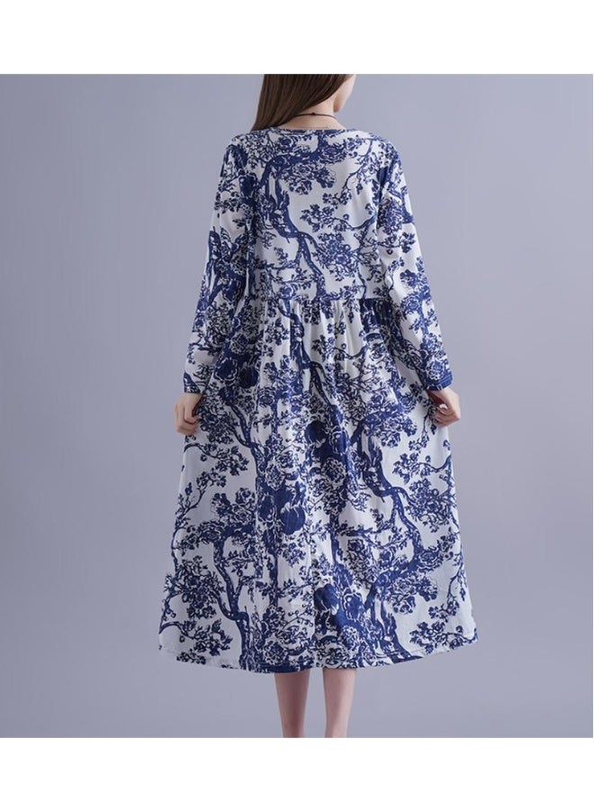 Beauenty Plus-size women's long-sleeved cotton dress spring and autumn loose vintage printed cotton robe national style skirt  - Image 3