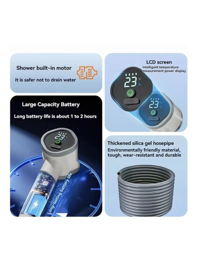 دش خارجي محمول - رأس دش تخييم محمول قابل لإعادة الشحن مع كوب شفط، ومنفذ USB من النوع C، وشاشة عرض لدرجة الحرارة، ونسبة البطارية، ووضعان، وخرطوم بطول 2 متر، وتيار ثابت لطيف - Image 3
