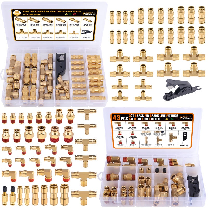 CheeMuii 78 Pcs Brass DOT Air Line Fittings Kit Push Lock DOT Air Fittings 2IN1 4335 Pcs Push to Connect Fittings NPT Thread Quick Connect Air Hose Fittings Assortment - Image 3