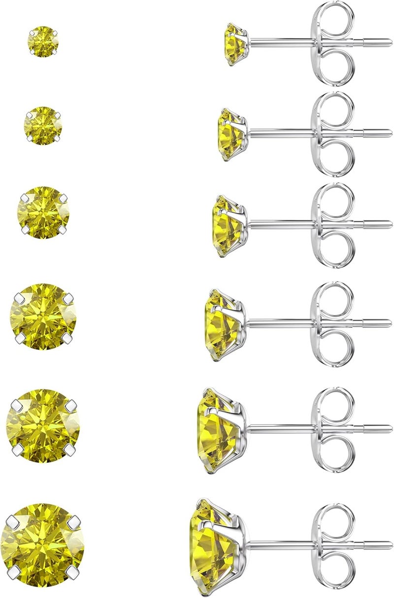 WSSXC 6 Pairs Stud Earrings Set, Hypoallergenic Cubic Zirconia 316L Earrings Stainless Steel CZ Earrings 3-8mm (Steel color) - Image 1