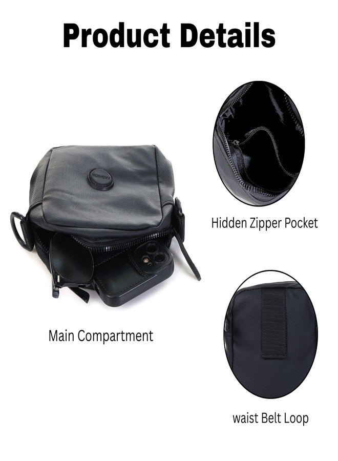 MENSCH Crossbody Bag with Detachable Strap, Hidden Zipper Pocket, Waist Belt Loop, Main Compartment, Black - Image 2