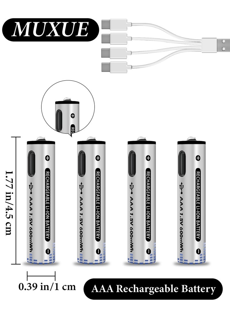 MUXUE 4 Pcs USB AAA Lithium ion Rechargeable Battery, High Capacity 1.5V 600mWh Rechargeable AAA Battery, Cycle With Type C Port Cable, Constant OutputToys, calculators, blood pressure monitors and other household batteries,Toys, Calculators, Blood Pressure Monitors and other Household Batteries（4 AAA） - Image 1