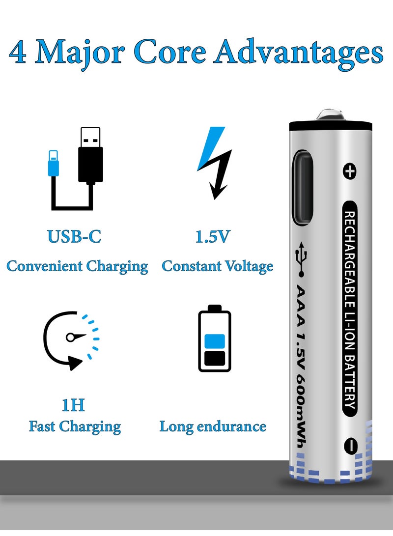 MUXUE 4 Pcs USB AAA Lithium ion Rechargeable Battery, High Capacity 1.5V 600mWh Rechargeable AAA Battery, Cycle With Type C Port Cable, Constant OutputToys, calculators, blood pressure monitors and other household batteries,Toys, Calculators, Blood Pressure Monitors and other Household Batteries（4 AAA） - Image 3