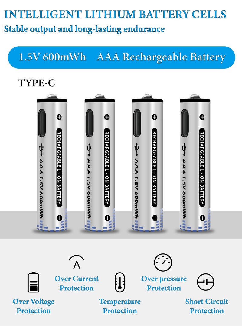 MUXUE 4 Pcs USB AAA Lithium ion Rechargeable Battery, High Capacity 1.5V 600mWh Rechargeable AAA Battery, Cycle With Type C Port Cable, Constant OutputToys, calculators, blood pressure monitors and other household batteries,Toys, Calculators, Blood Pressure Monitors and other Household Batteries（4 AAA） - Image 5