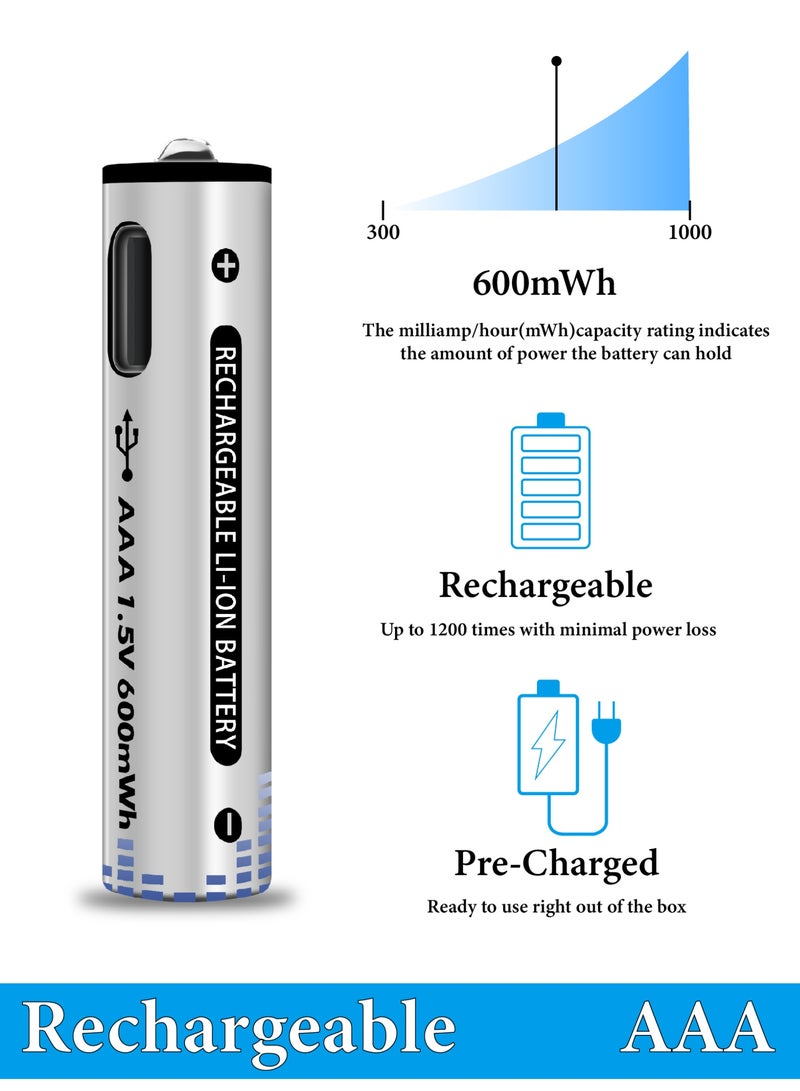 MUXUE 4 Pcs USB AAA Lithium ion Rechargeable Battery, High Capacity 1.5V 600mWh Rechargeable AAA Battery, Cycle With Type C Port Cable, Constant OutputToys, calculators, blood pressure monitors and other household batteries,Toys, Calculators, Blood Pressure Monitors and other Household Batteries（4 AAA） - Image 4