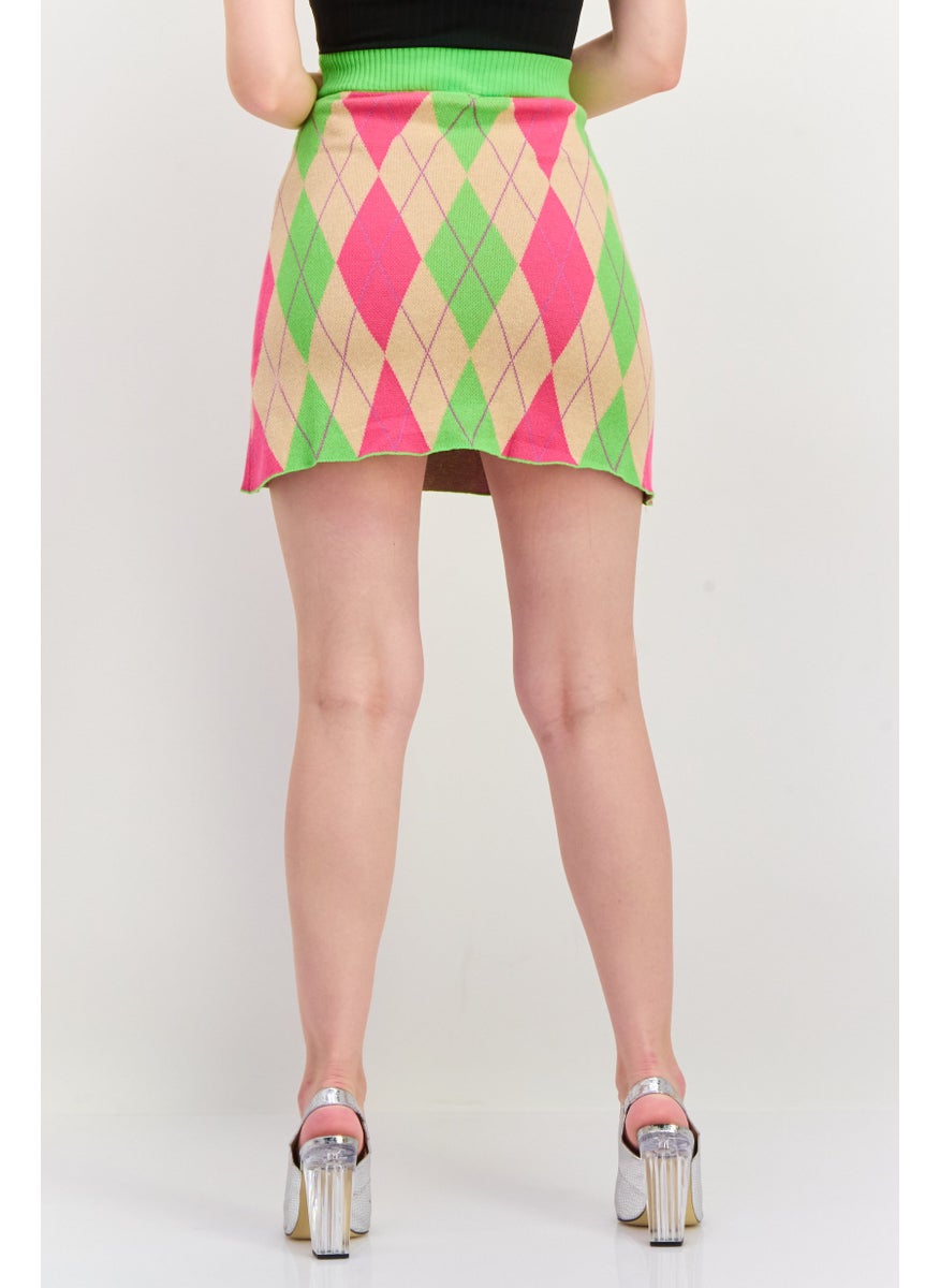MONKI Women Diamond Print Mini Skirt, Lime  - Image 3