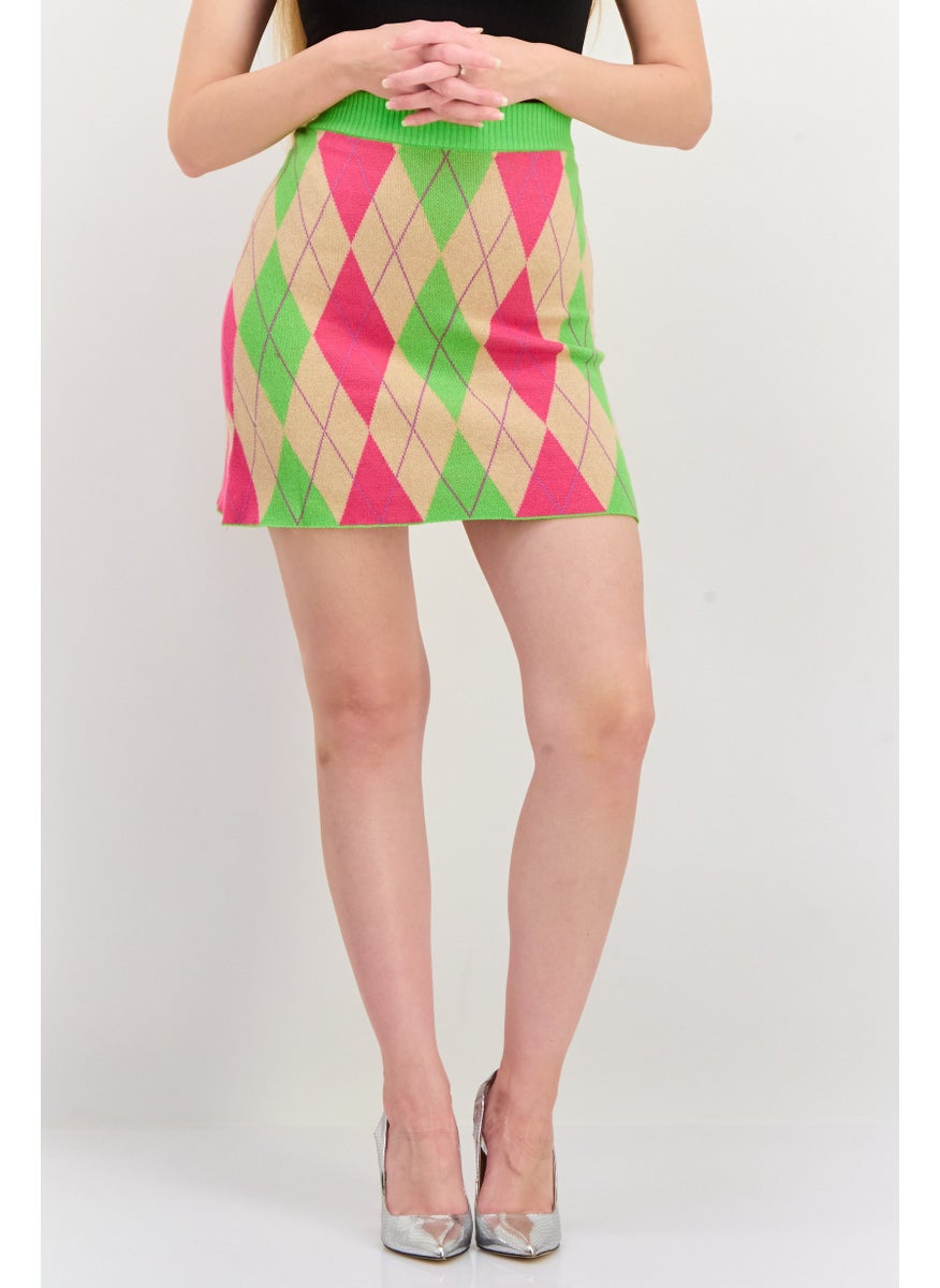 MONKI Women Diamond Print Mini Skirt, Lime  - Image 1