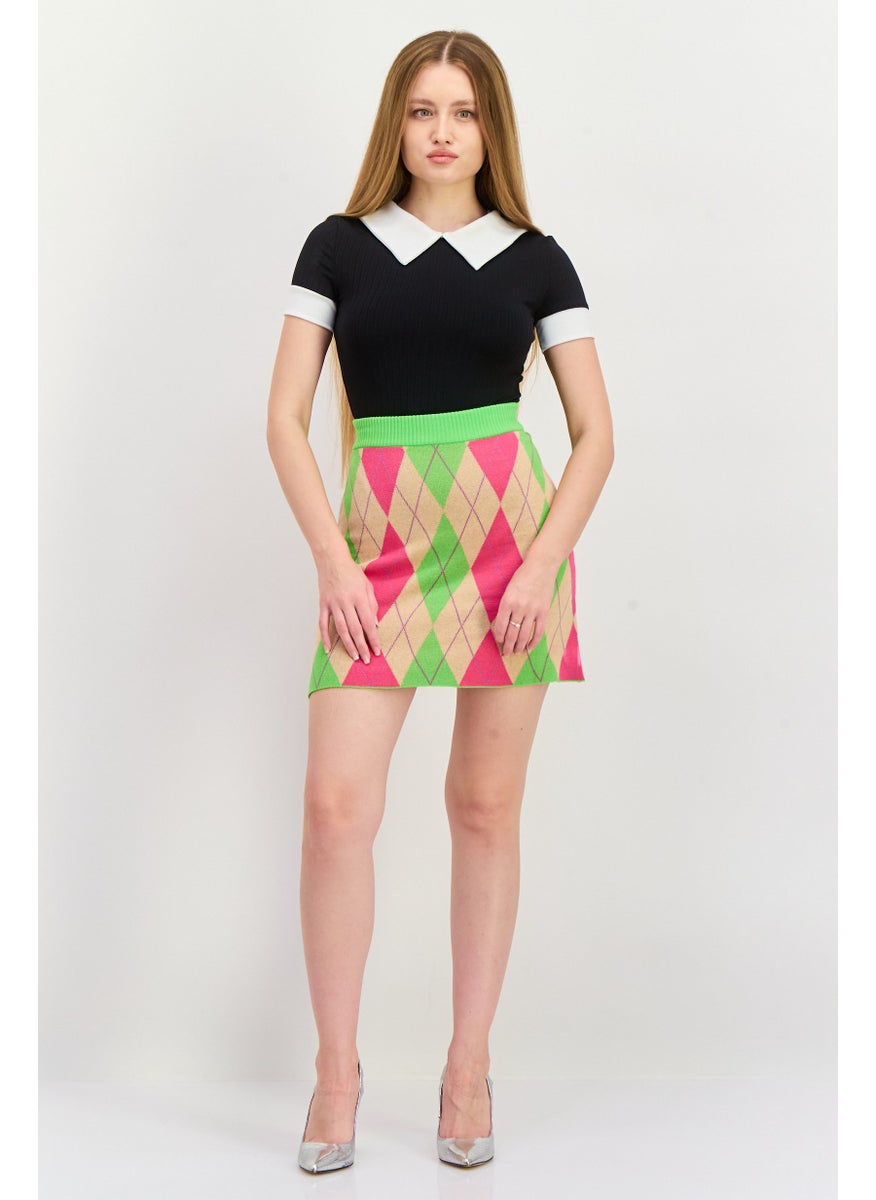 MONKI Women Diamond Print Mini Skirt, Lime  - Image 2