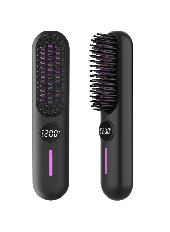 ELTRAZONE Wireless Hair Straightening Brush with Ceramic Heating, Cordless 2-in-1 Straightening & Curling Comb, 7 Temperature Settings, Type-C Fast Charging, LED Display & Negative Ion Technology – Black/Purple - Image 1