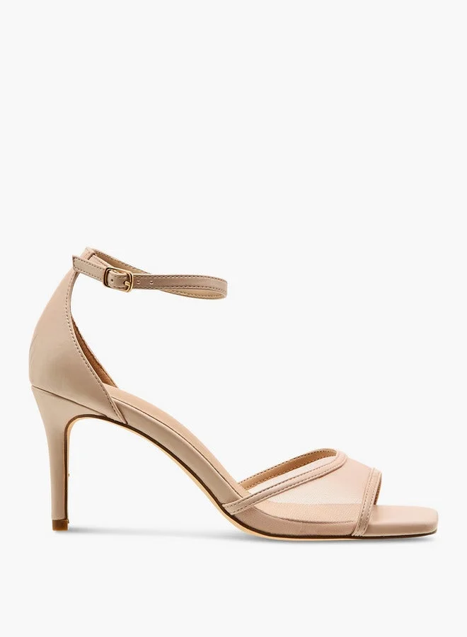 Mesh Detail Stiletto Sandals with Ankle Strap and Buckle Closure