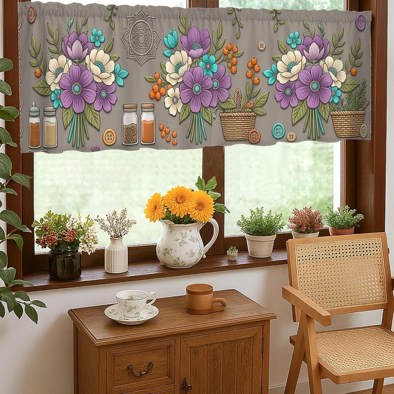 Flower Kitchen Curtains, Bohemian Rustic Leaf Basket Spring Violet Rod Pocket Window Valance Window Decoration for Dining Room Breakfast Nook Sink Area 18x52 Inch - Image 1